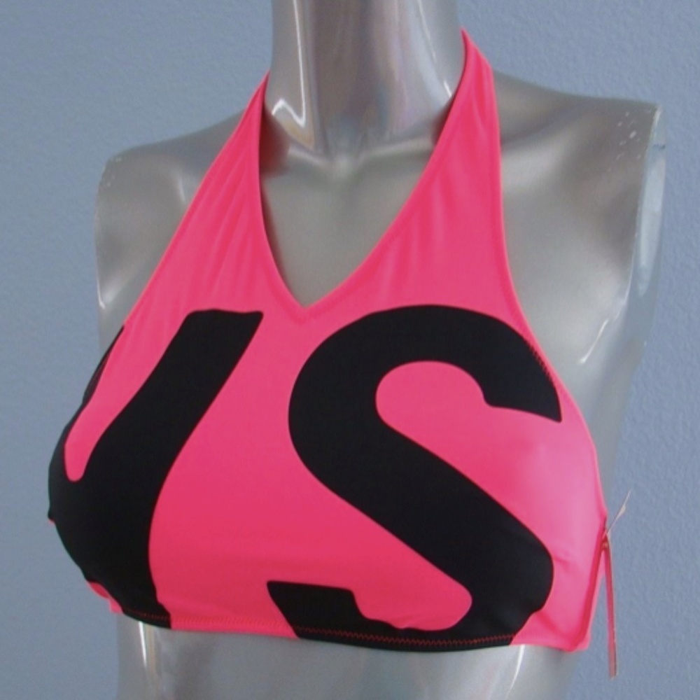 Victorias Secret Nwt Hot Pink w/ Black Logo Cropped V Neck Halter Bikini Top S - Picture 2 of 4